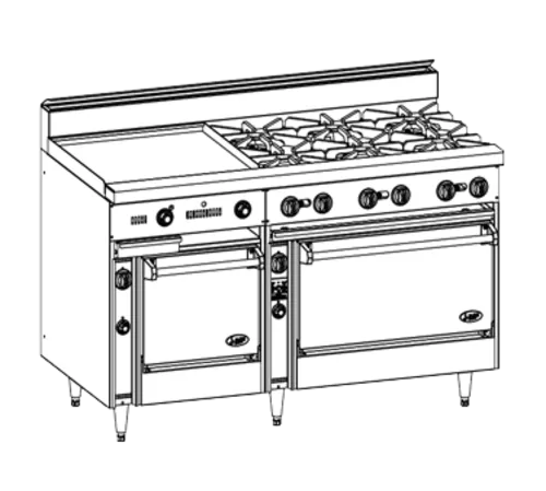 Jade Range JBR-10-36 Restaurant Gas Range, 60" W with 10 Burners and (1) Standard Oven & (1) Cabinet Base - 330,000 BTU