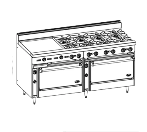 Jade Range JBR-24G-8-36 Restaurant Gas Range, 72" W with 8 Burners (1) 24" Griddle and (1) Standard Oven & (1) Cabinet Base - 318,000 BTU