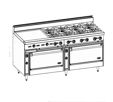 Jade Range JBR-24G-8-3636 Restaurant Gas Range, 72" W with 8 Burners (1) 24" Griddle and (2) Standard Ovens - 348,000 BTU