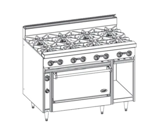Jade Range JBR-8-36 Restaurant Gas Range, 48" W with 8 (1) Standard Oven & (1) Cabinet Base and Infinite Manual Controls, - 270,000 BTU