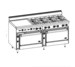 Jade Range JBR-24G-8-3636 Restaurant Gas Range, 72" W with 8 Burners (1) 24" Griddle and (2) Standard Ovens - 348,000 BTU